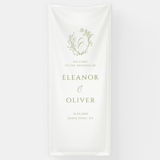 Olive Green Floral Line Art Crest Wedding Welcome 横断幕 (縦)