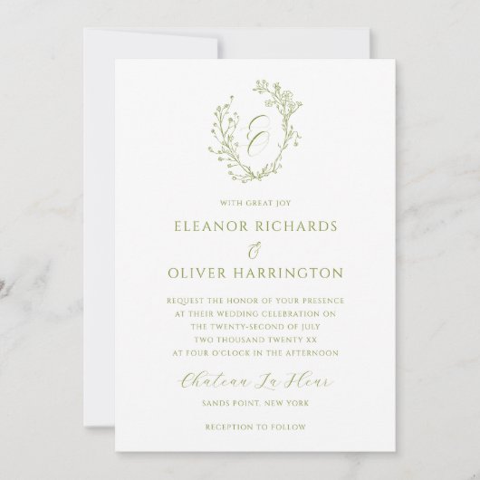 Olive Green Floral Line Art Monogram Crest Wedding 招待状 (正面)