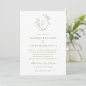 Olive Green Floral Line Art Monogram Crest Wedding 招待状 (スタンド正面)