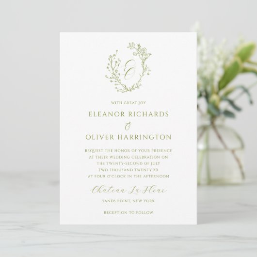 Olive Green Floral Line Art Monogram Crest Wedding 招待状 (スタンド正面)