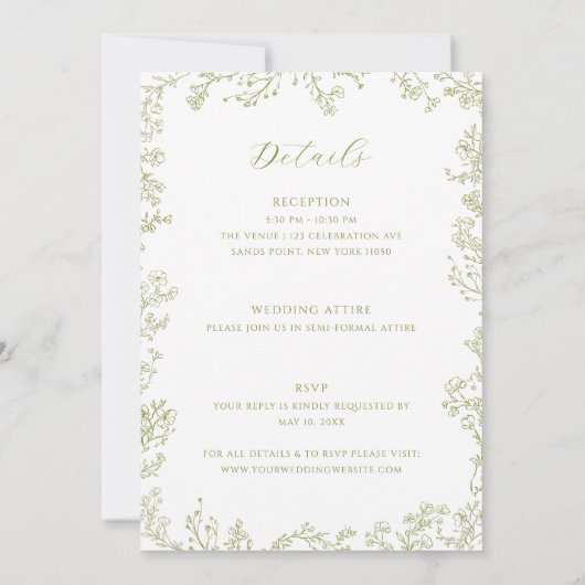 Olive Green Floral Line Art Monogram Crest Wedding 招待状 (裏面)