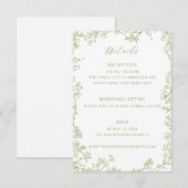 Olive Green Floral Line Art Wedding Details エンクロージャーカード (正面/裏面)