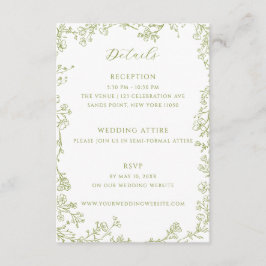 Olive Green Floral Line Art Wedding Details エンクロージャーカード