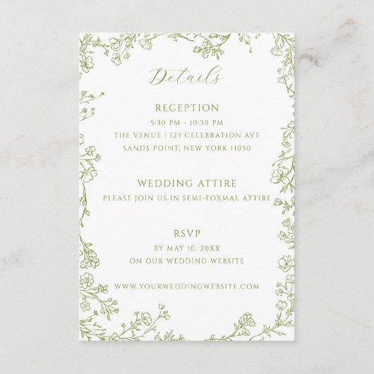 Olive Green Floral Line Art Wedding Details エンクロージャーカード (正面)