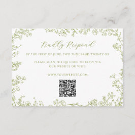 Olive Green Floral Line Art Wedding QR Code エンクロージャーカード