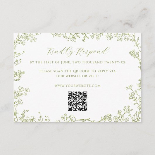 Olive Green Floral Line Art Wedding QR Code エンクロージャーカード (正面)
