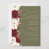 Olive Green Floral Save the Date Burgundy Roses 招待状 (正面)