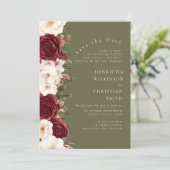 Olive Green Floral Save the Date Burgundy Roses 招待状 (スタンド正面)