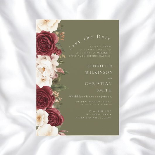 Olive Green Floral Save the Date Burgundy Roses 招待状
