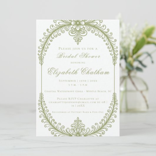 Olive Green French Flourish Frame Bridal Shower 招待状 (スタンド正面)