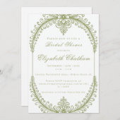 Olive Green French Flourish Frame Bridal Shower 招待状 (正面/裏面)