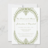 Olive Green French Flourish Frame Rehearsal Dinner 招待状 (正面)