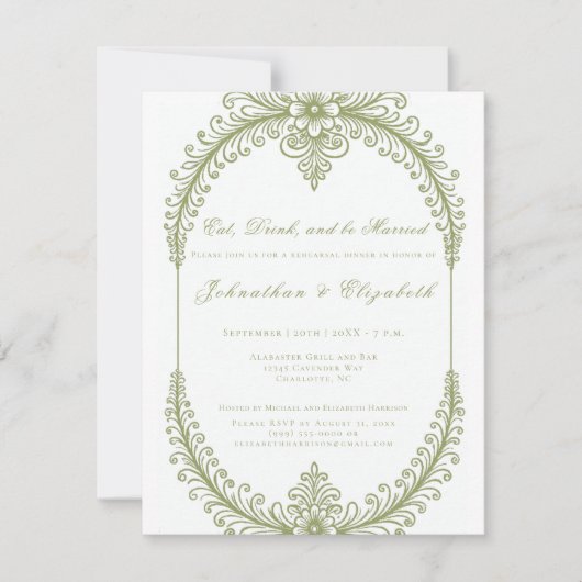 Olive Green French Flourish Frame Rehearsal Dinner 招待状 (正面)