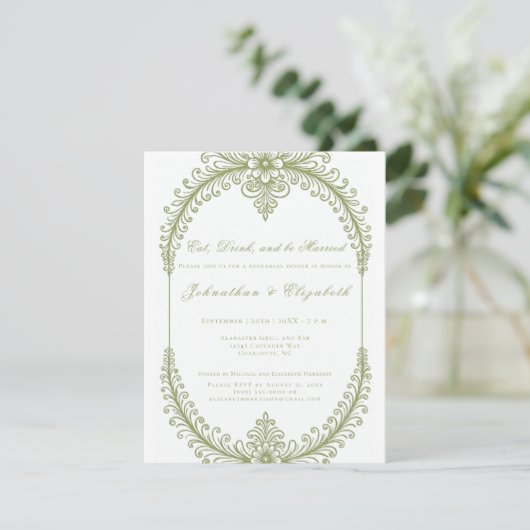 Olive Green French Flourish Frame Rehearsal Dinner 招待状 (スタンド正面)
