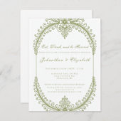Olive Green French Flourish Frame Rehearsal Dinner 招待状 (正面/裏面)