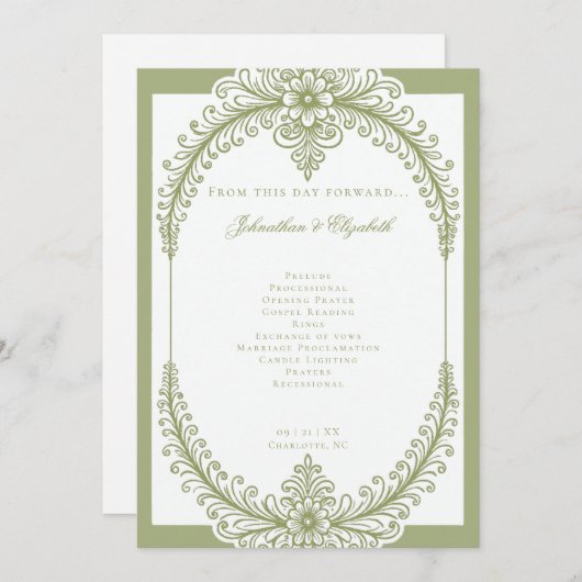 Olive Green French Flourish Frame Wedding プログラム (正面/裏面)