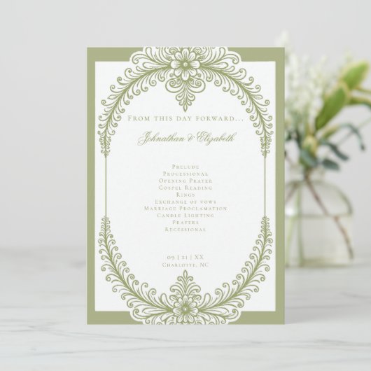 Olive Green French Flourish Frame Wedding プログラム (スタンド正面)