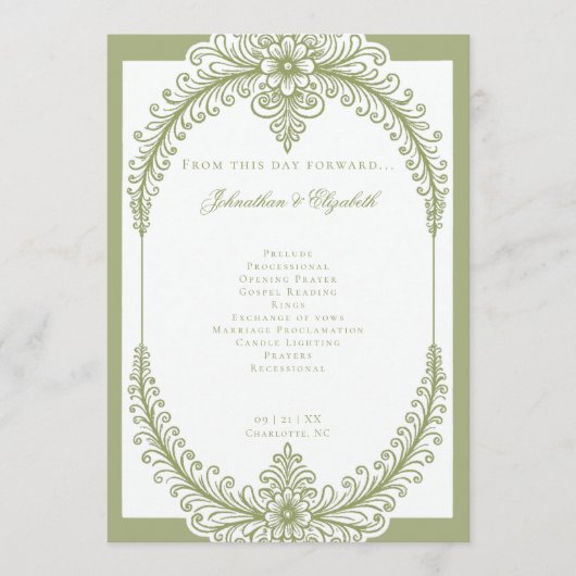 Olive Green French Flourish Frame Wedding プログラム (正面)