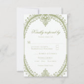 Olive Green French Flourish Frame Wedding 出欠カード (正面)
