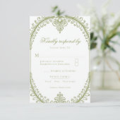 Olive Green French Flourish Frame Wedding 出欠カード (スタンド正面)