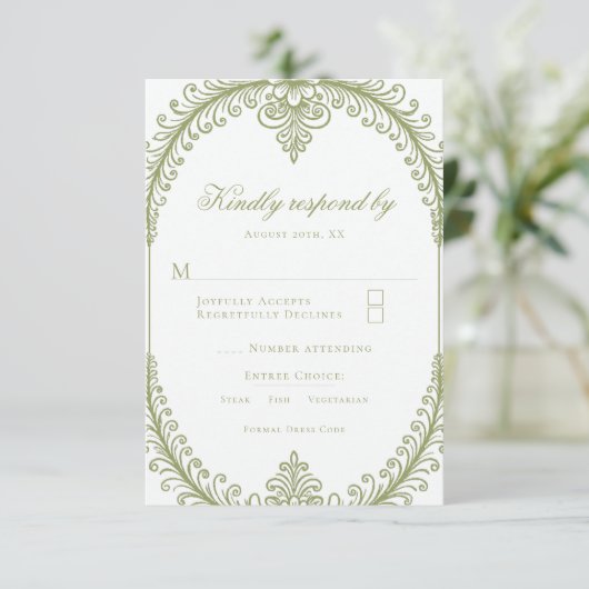 Olive Green French Flourish Frame Wedding 出欠カード (スタンド正面)
