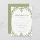 Olive Green French Flourish Frame Wedding 出欠カード (正面/裏面)
