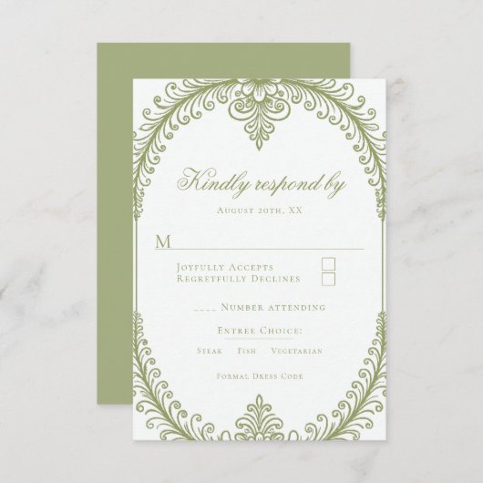 Olive Green French Flourish Frame Wedding 出欠カード (正面/裏面)