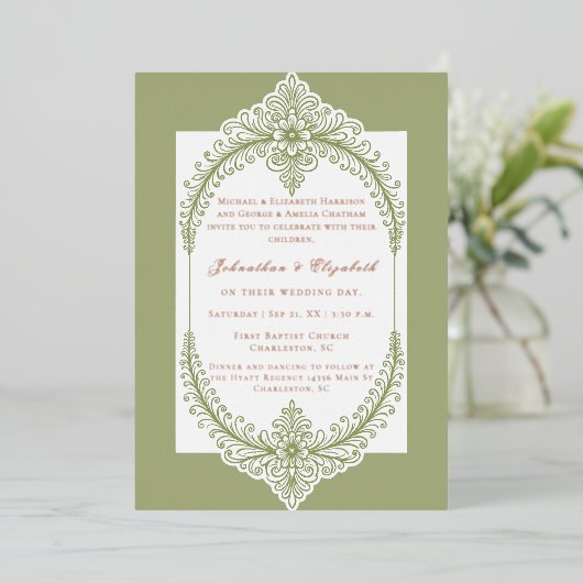 Olive Green French Flourish Frame Wedding 箔招待状 (立ち正面)