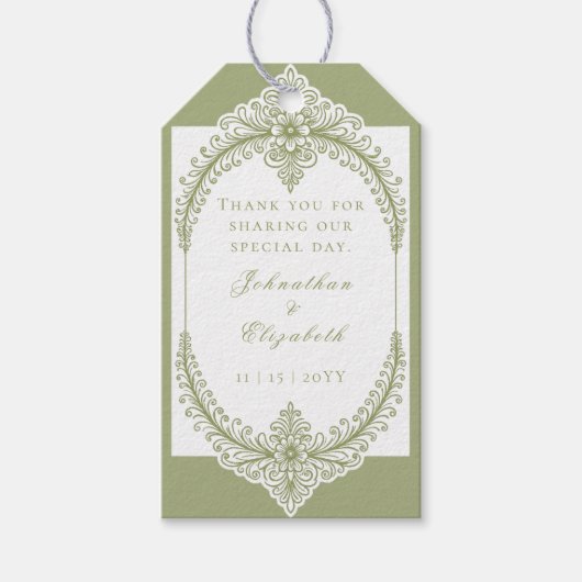 Olive Green French Flourish Frame Wedding Favor ギフトタグ (正面)