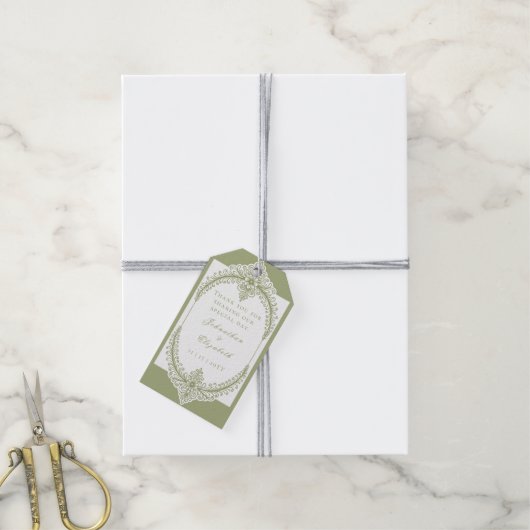 Olive Green French Flourish Frame Wedding Favor ギフトタグ (より糸付き)