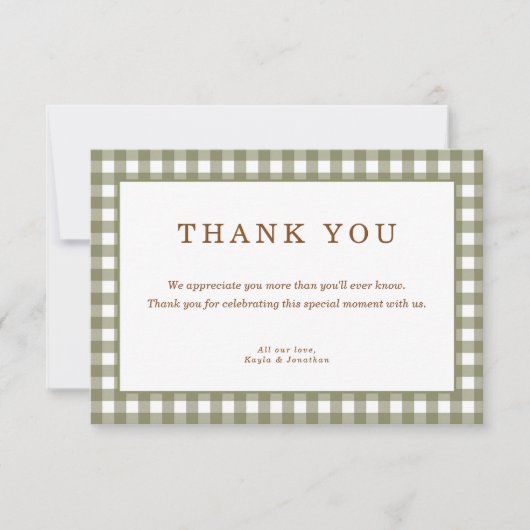 Olive Green Gingham Baby Shower  サンキューカード (正面)