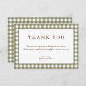 Olive Green Gingham Baby Shower  サンキューカード (正面/裏面)