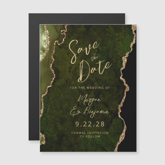 Olive Green Gold Agate Magnetic Save the Date (正面/裏面)