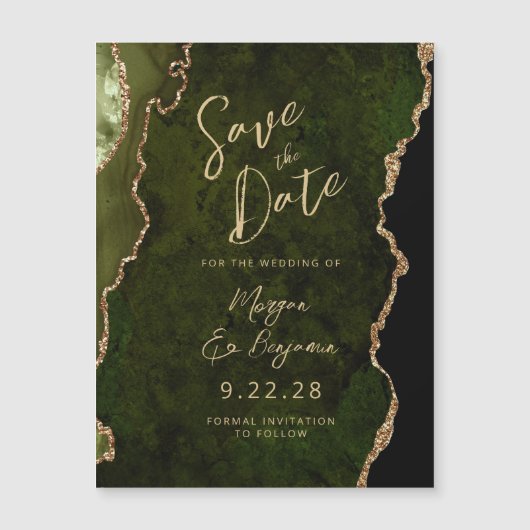 Olive Green Gold Agate Magnetic Save the Date (正面)