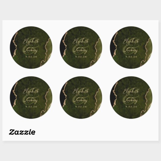 Olive Green Gold Agate Script Wedding ラウンドシール (シート)