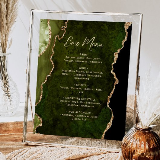 Olive Green Gold Agate Script Wedding Bar Menu  ポスター