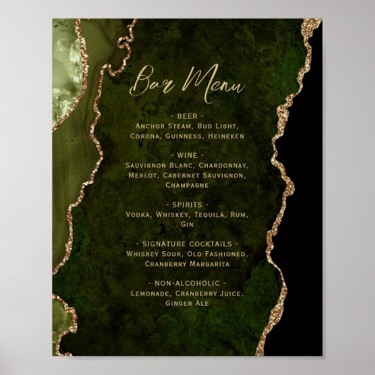 Olive Green Gold Agate Script Wedding Bar Menu  ポスター (正面)