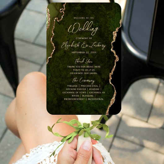 Olive Green Gold Agate Script Wedding Program ハンドファン