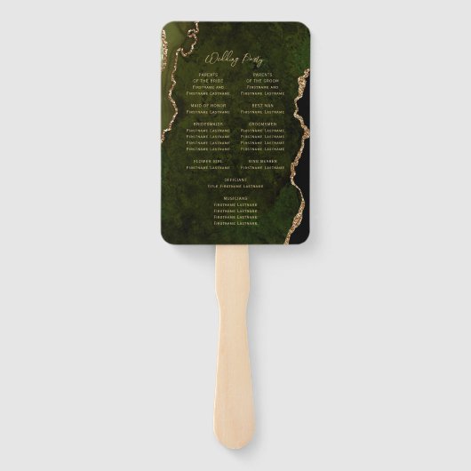 Olive Green Gold Agate Script Wedding Program ハンドファン (裏面)