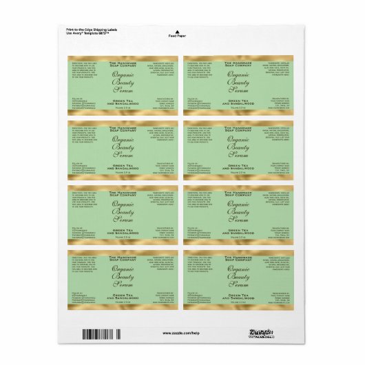 Olive Green & Gold Cosmetics Dropper Bottle Label ラベル (フルシート)