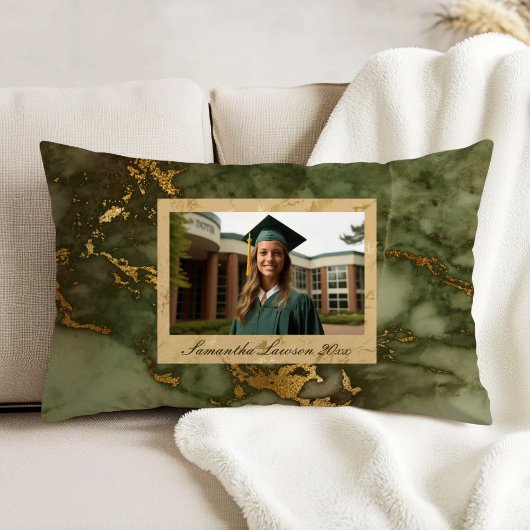 Olive Green Gold Marble Custom Graduation Photo アクセントクッション