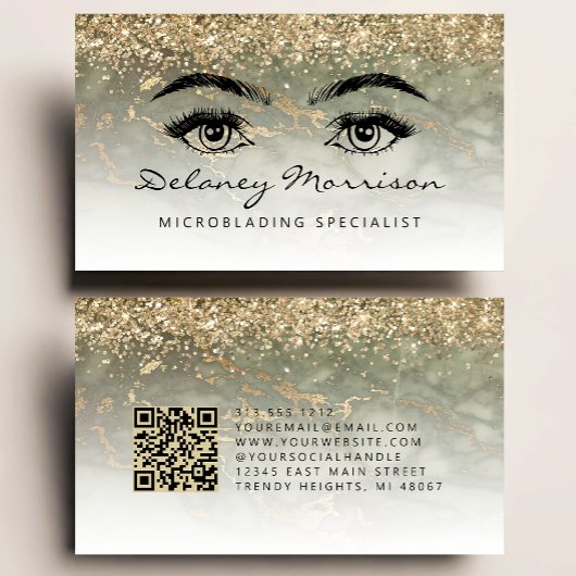 Olive Green Gold Marble Eyes QR Code Microblading 名刺