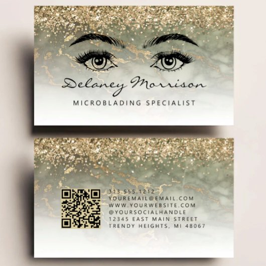Olive Green Gold Marble Eyes QR Code Microblading 名刺