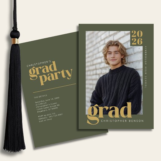 Olive Green Gold Modern Photo Graduation Party 招待状