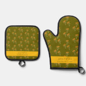 Olive Green grandma stylish floral pattern 鍋つかみ&鍋敷きセット (正面)
