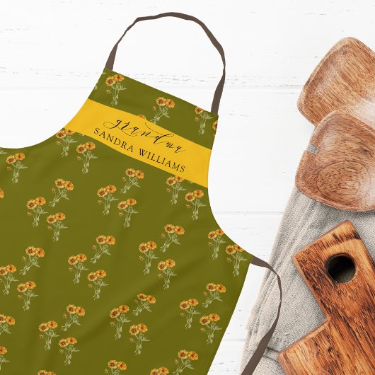 Olive Green Grandma stylish floral pattern apron エプロン