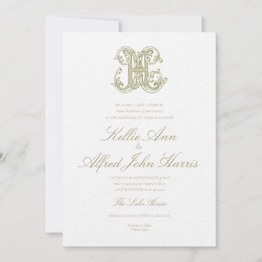 Olive Green "H" Monogram Wedding Invitation 招待状 (正面)