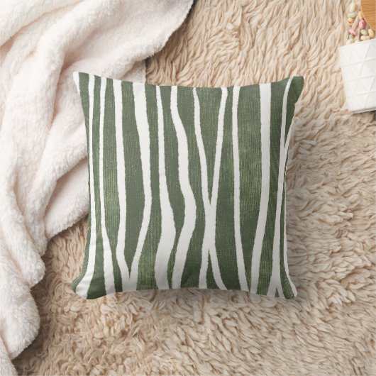 Olive Green Hand-Drawn Organic Wobbly Stripes クッション (ブランケット)
