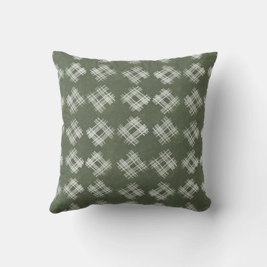 Olive Green Hand-Drawn Rustic Checkered Pattern クッション (裏面)