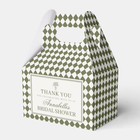 Olive Green Harlequin Checkered Bridal Shower フェイバーボックス (正面サイド)